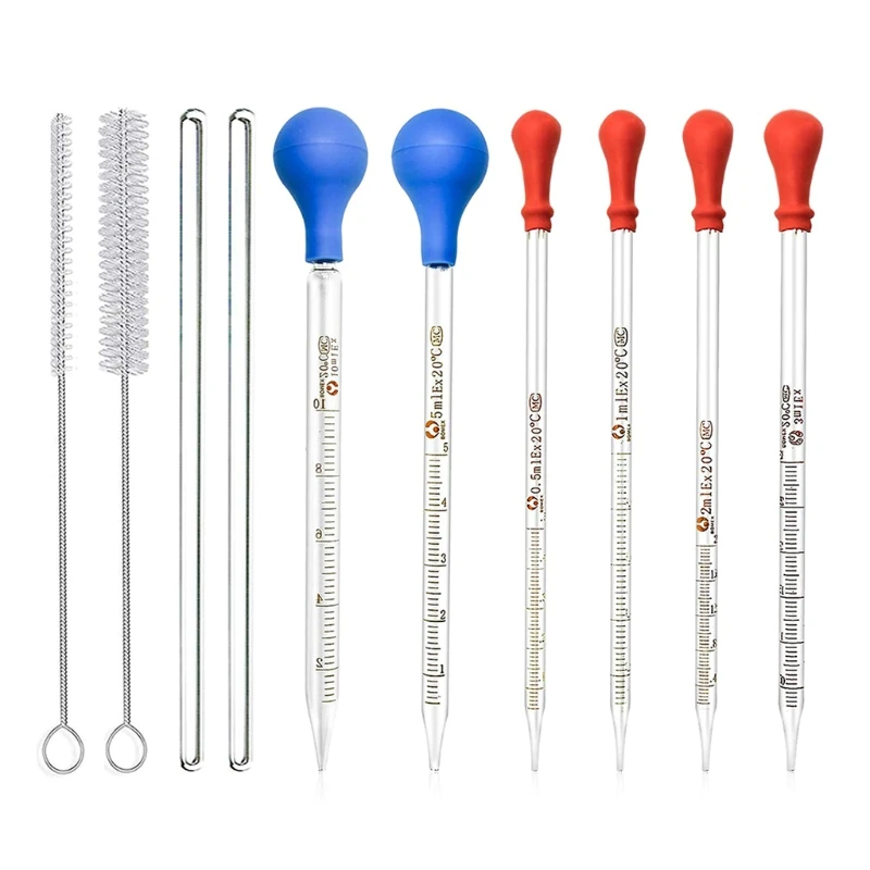

Glass Graduated Dropper Pipette 0.5ml 1ml 2ml 3ml 5ml 10ml w/ Rubber Cap Cleaning Brush Glass Stirring Rod for Pharmacy X3UE