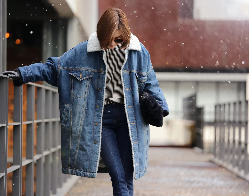 

2021 базовые длинные джинсовые пальто для женщин свободный ретро джинсовый Тренч с флисовой подкладкой теплая Женская Повседневная ветровка...