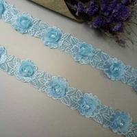 2 yard soluble blue rose flower pearl chiffon embroidered lace trim ribbon fabric handmade vintage wedding dress sewing craft