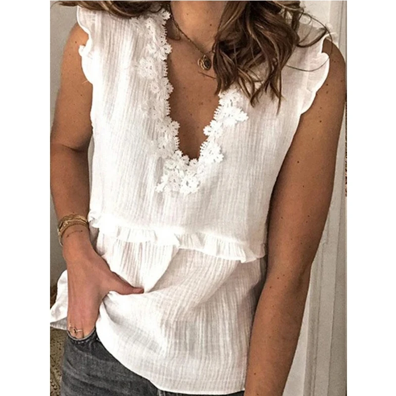 

Women 2021 Sexy Ruffle Patchwork Blouse Shirt Elegant Sleeveless V-Neck Floral Tops Summer Plus Size Lady Chic Streetwear Blusas