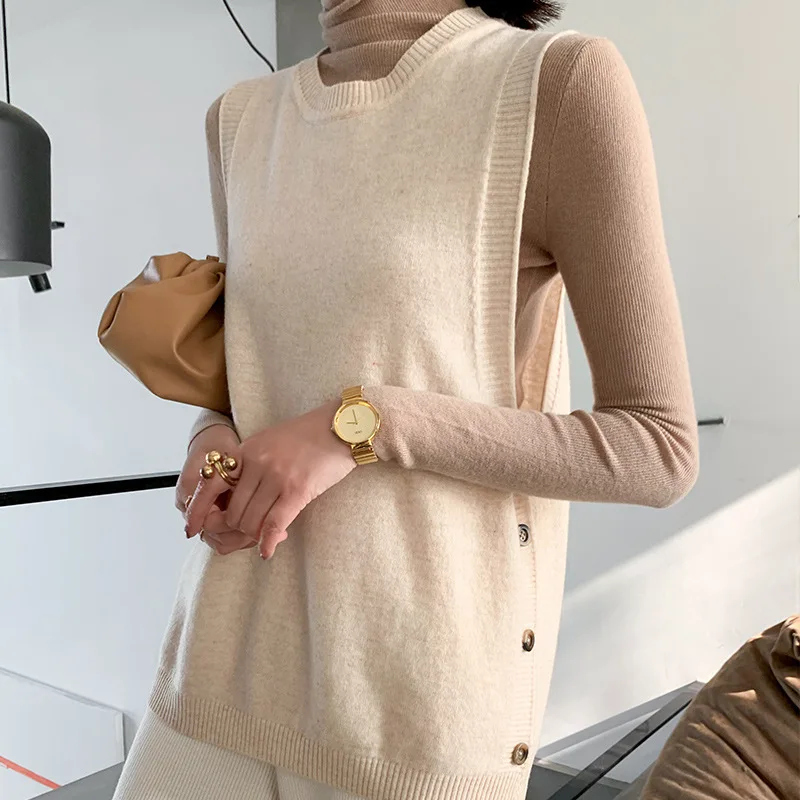 Sparsil женский зимний шерстяной кашемировый жилет с круглым вырезом однотонный