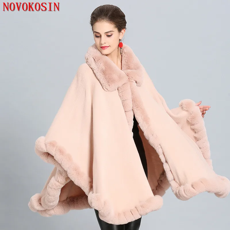 11 Color Faux Rabbit Fur Cape Coat For Women Black Lapel Overcoat Winter Warm Poncho Cloak Batwing Sleeve Loose Shawl Outer Wear