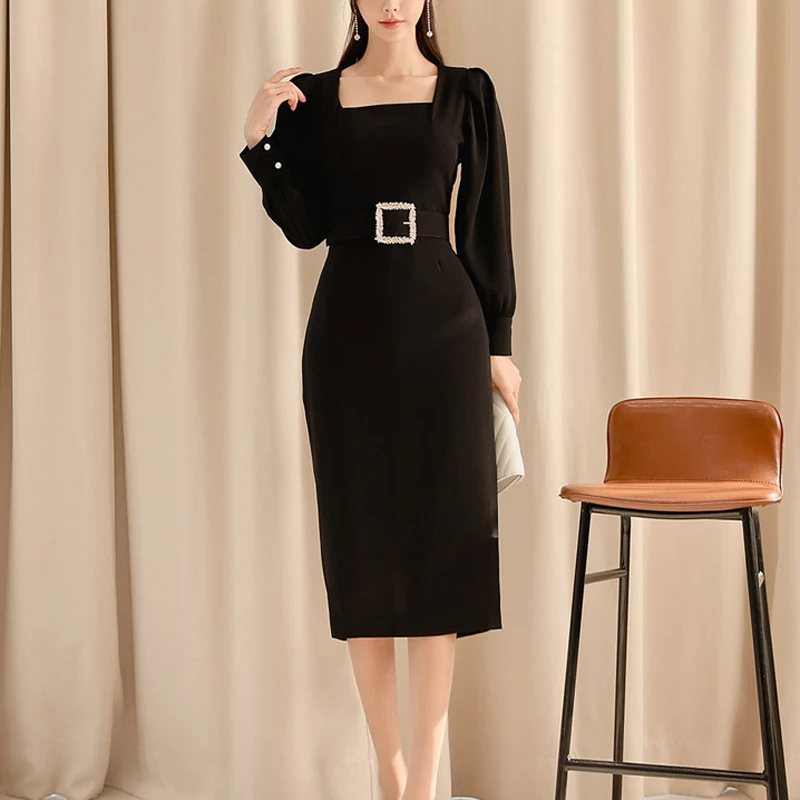 Женское платье миди WAVSIYIER черное офисное с длинным рукавом и квадратным