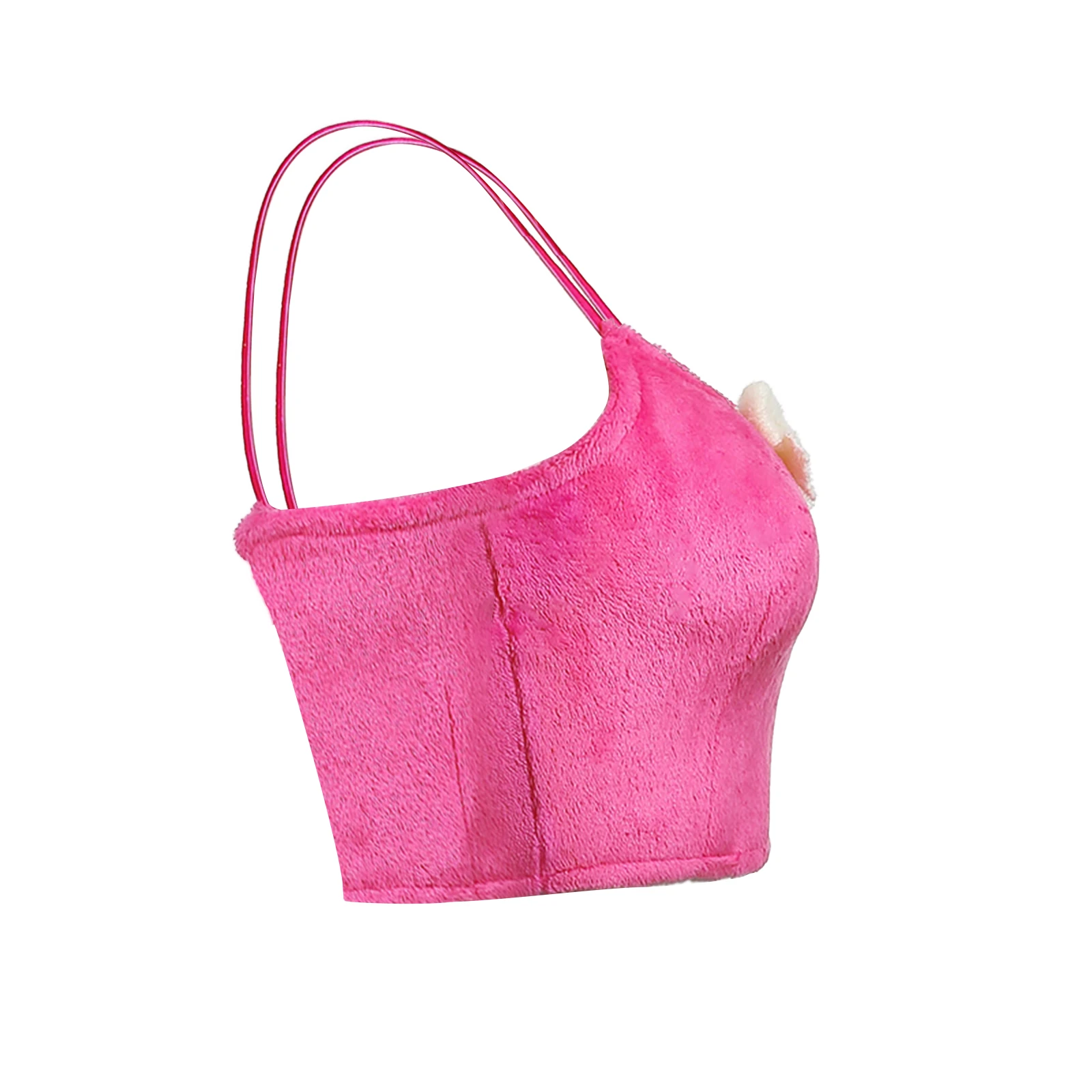 

Women's Solid Color Sling Fluffy Crop Top, Sexy U Neck Sleeveless Spaghetti Straps Shirts with Bow