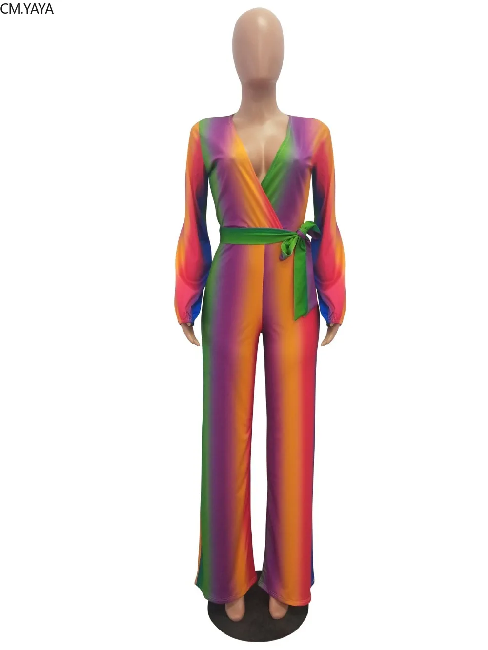 Женский комбинезон в радужную полоску Свободный с длинным рукавом и V образным