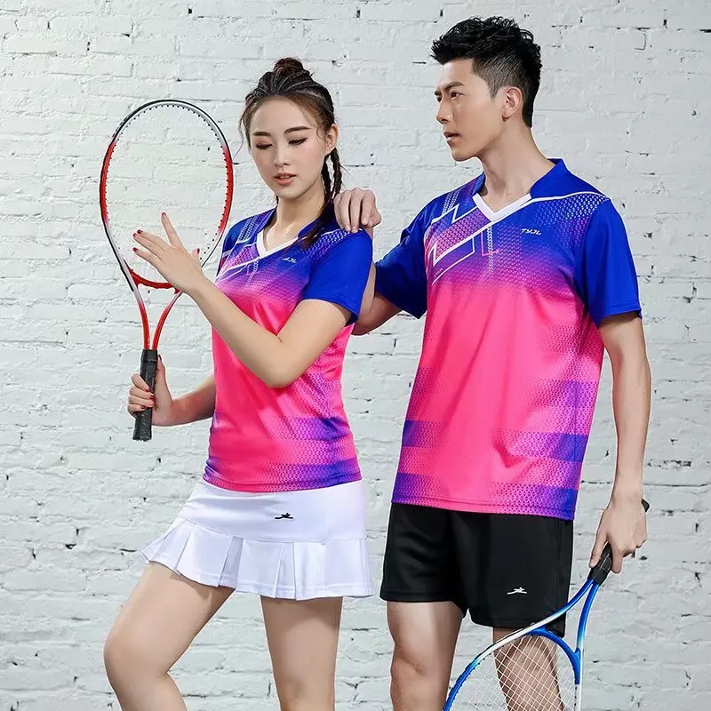 

New Men/Women Short Sleeve Badminton Suit Polyester V-neck Tennis Suit Volleyball Jogging Sportswear Moisture Absorption