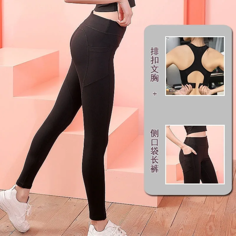 

2021 Spring New Yoga Leggings Fitness Sports Trousers Gym Clothing Seamless Pants Running Bottoms with Pocket Dropship
