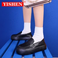 yishen 2021 women shoes flat platform leather casual round toe woman shoes thick soled pedal female college style lazy shoes
