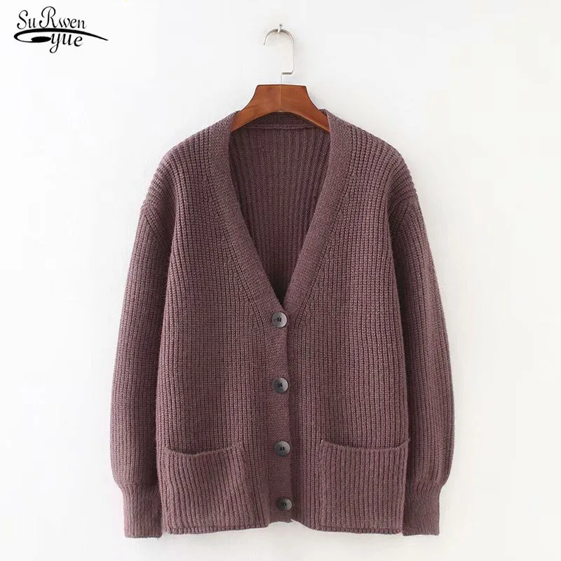 

Женский кардиган, свитер 2020, v-образный вырез, однотонный Свободный Трикотаж, однобортный Повседневный вязаный кардиган, верхняя одежда, зим...