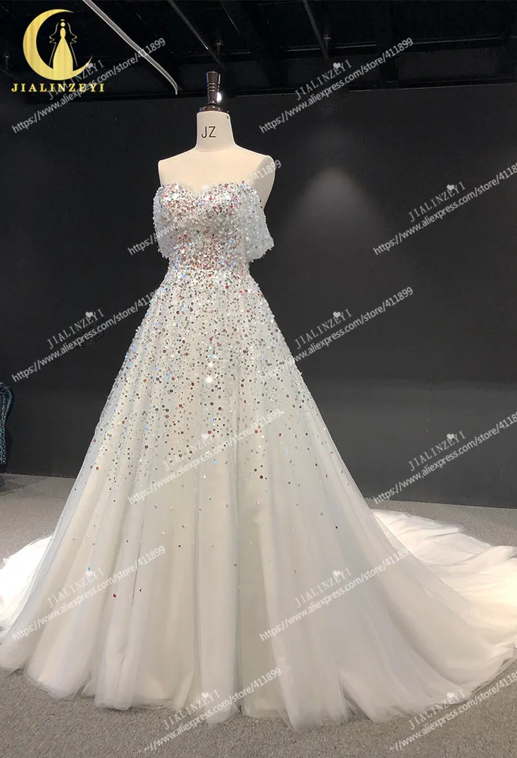 Rhine real Pictures Off the shoulder full sequins and crystal A-line платье на выпускной Wedding gown wedding dresses