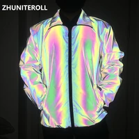 harajuku vintage jacket coat rainbow reflective windbreaker jacket hip hop fashion men track jacket coat streetwear clothing