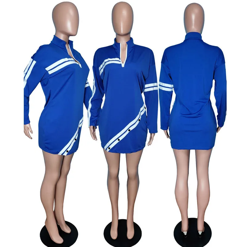 

ZKYZWX Plus Size striped Webbing loose Dress for Women Sexy Fall Full Sleeve Zip V-neck Streetwear Night Club Mini Dresses
