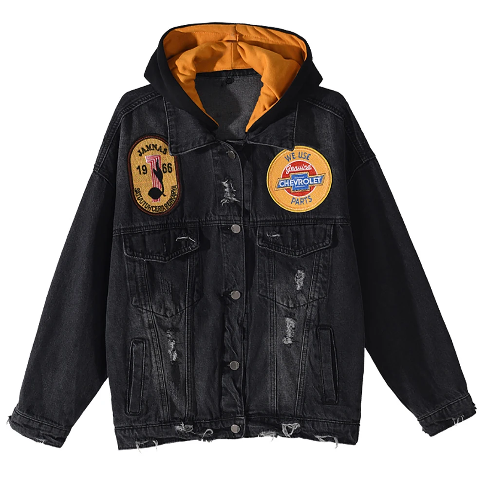 

Basic Coat Vintage Fabric Patchwork Denim Jacket Women Cowboy Jeans 2020 Autumn Frayed Ripped Denim Hole Loose Casual Jacket