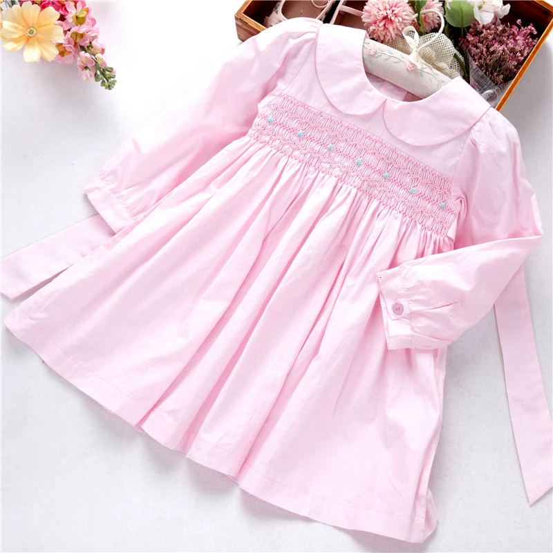 spirng girls dresses long sleeve pink bishop smocked handmade embroidery princess boutiques children's clothing L19112758 | Детская