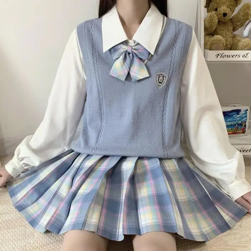 

Women Knitted Vests and Long Sleeve White Bow Shirts Set Female Casual Four Piece Outfits Ladies Mini Plaid Skirts Sets Q279