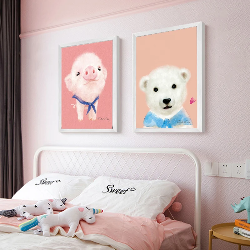 Медведь свинка Альпака утенок детская настенная Картина на холсте скандинавские