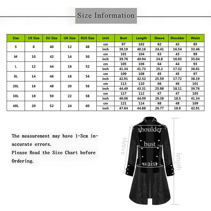 SHUJIN Men's Coat Fashion Steampunk Vintage Tailcoat Jacket Gothic Victorian Frock Coat Men's Uniform Coat Button Costume