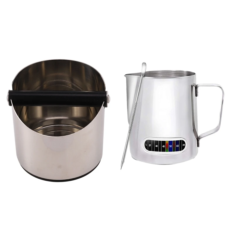 

Stainless Coffee Tamper Knock Box Deep Bent Design & Milk Frothing Pitcher,20Oz Stainless Steel