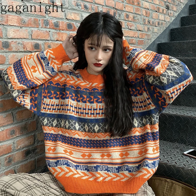 Gaganight осень зима винтажный свитер для женщин с длинными рукавами и круглым