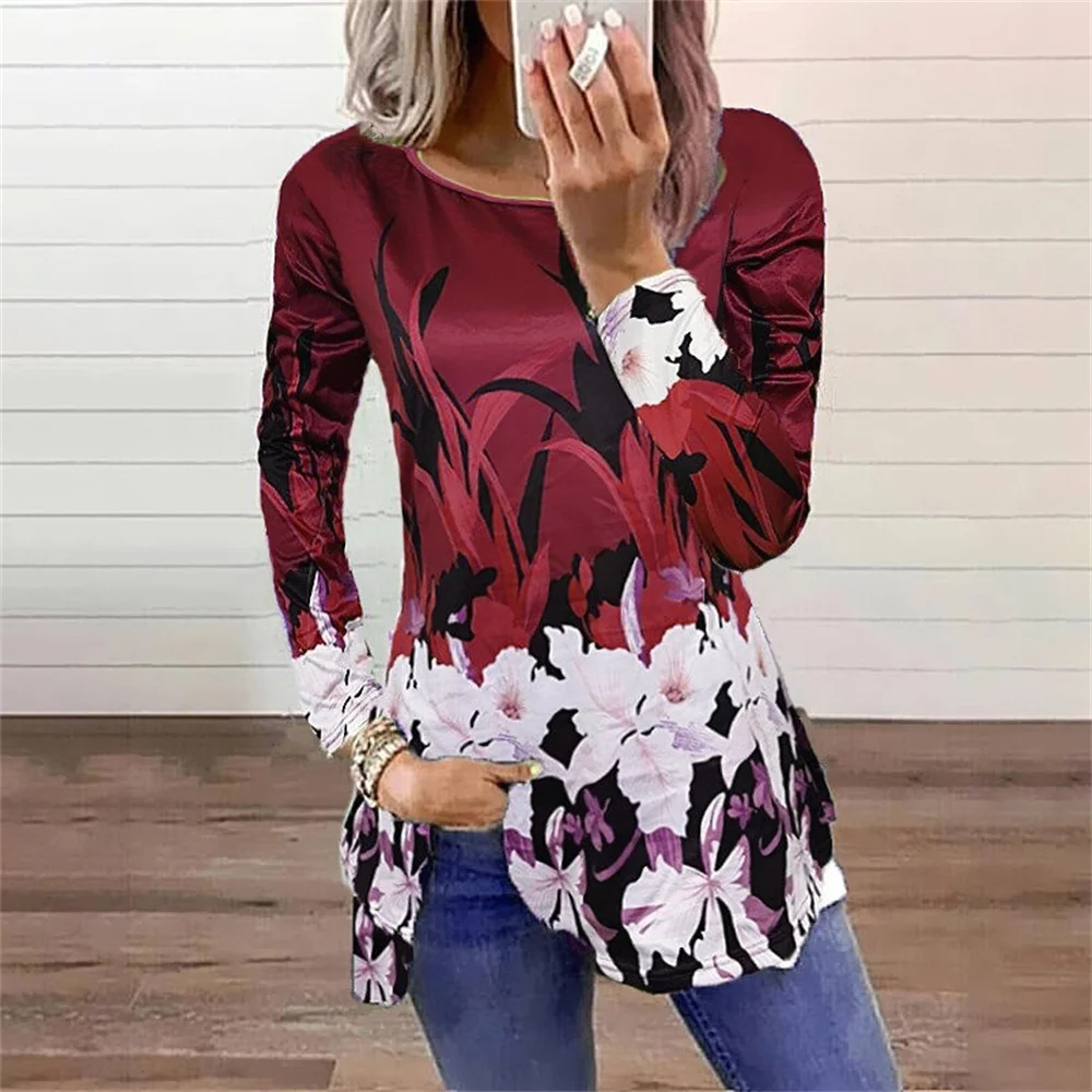 

Women Casual Long Sleeve Sexy Slim Tops Vintage Floral Print T-Shirt 2021 New Autumn Female T-Shirt Fashion Street Pullover Tops