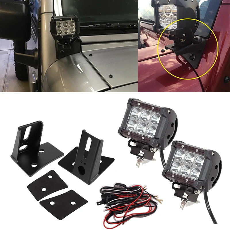 Комплект креплений Marlaa для нижней лобовой стеклоподъемной колонки Jeep Wrangler JK 2007-2017 с 2 шт. светодиодными фарками 18 Вт и бесплатной проводкой.