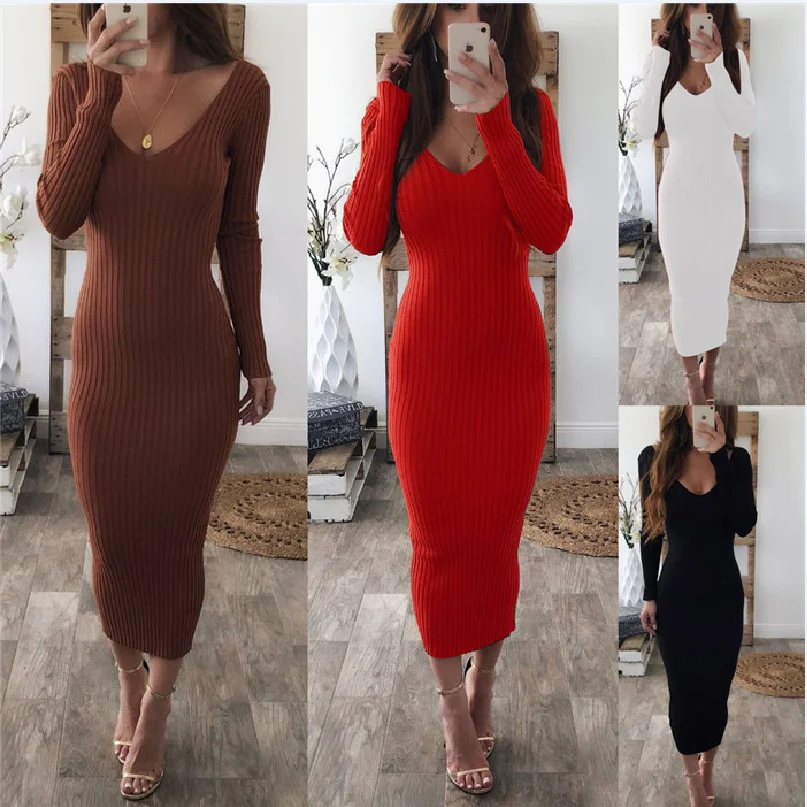 Женское трикотажное платье-свитер с длинным рукавом и V-образным вырезом |