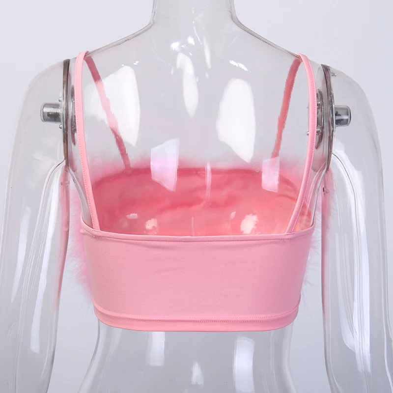 Женская Розовая Майка WannaThis без рукавов с пушистыми перьями на бретельках с открытыми плечами, тонкий однотонный эластичный Летний женский укороченный топ