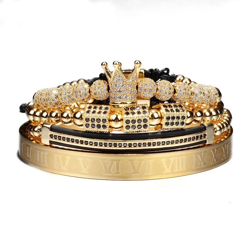 Gold set B Роскошный Римский Королевский браслет с шармом с короной Мужская мода Золотой Плетеный Регулируемый мужской браслет для хип-хопа ювелирный подарок - Окраска металла: Gold set B