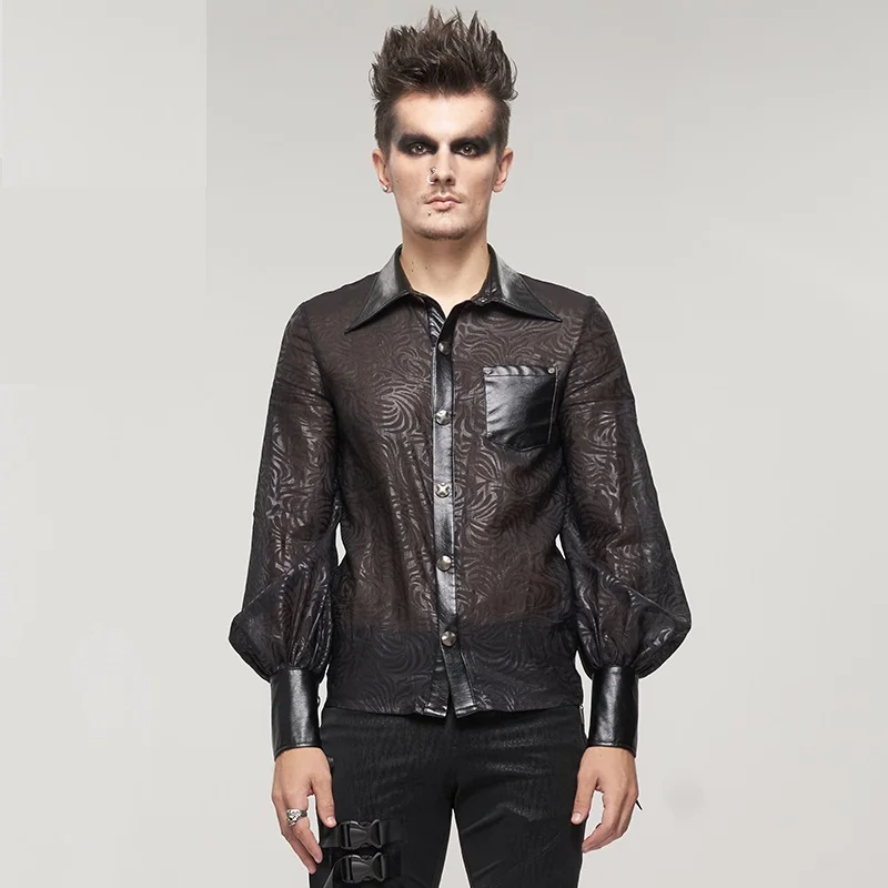 Punk Rock Style Of Europe And America Looked Through Gelatine Pattern Material Leather Material Men's Sexy Shirt