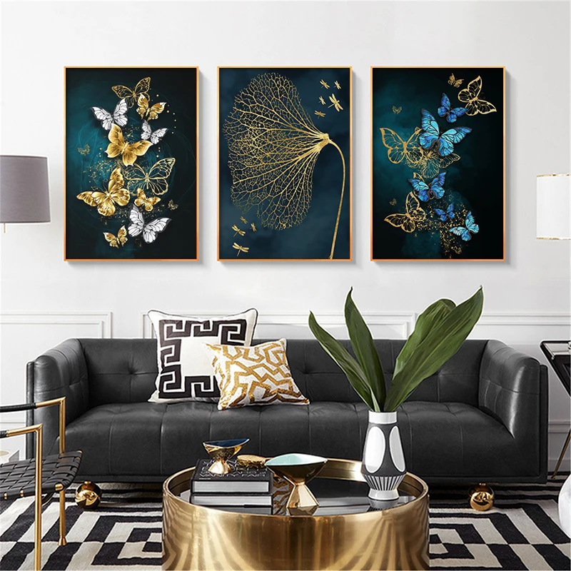 

Blue Golden Butterfly Beautiful Poster Print Canvas Art Mural Living Room Picture Background Wall Decorative Painting Home Decor