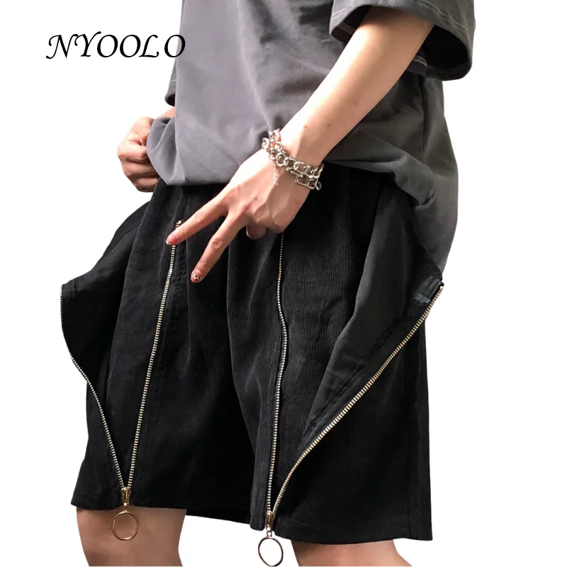 

NYOOLO Casual Streetwear Double Zipper Split Elastic High Waist Black Jogger Shorts Women Men Summer Hip Hop Baggy Sweatpants