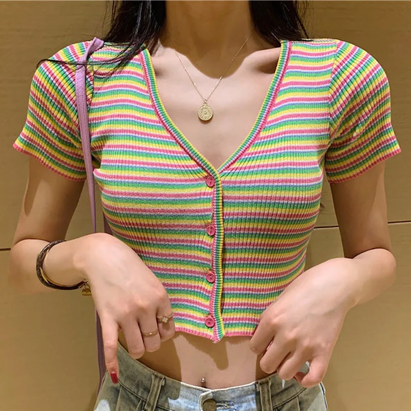 Летняя Радужная полосатая трикотажная Футболка Harajuku 2020 уличная футболка с v