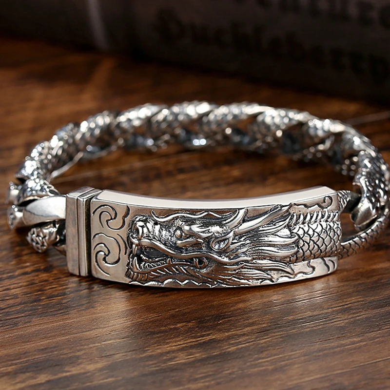 

New design Handmade Silver Bracelet Male Domineering Dragon Head Bracele Fashion Retro Chinese Style Hip-Hop Punk Jewelry