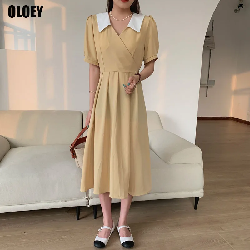 

Korean Women Summer New 2021 Fashion Short Sleeve V-Neck Dress One-Piece Elegant Female Slim Lace Office Dress French Midi Dress