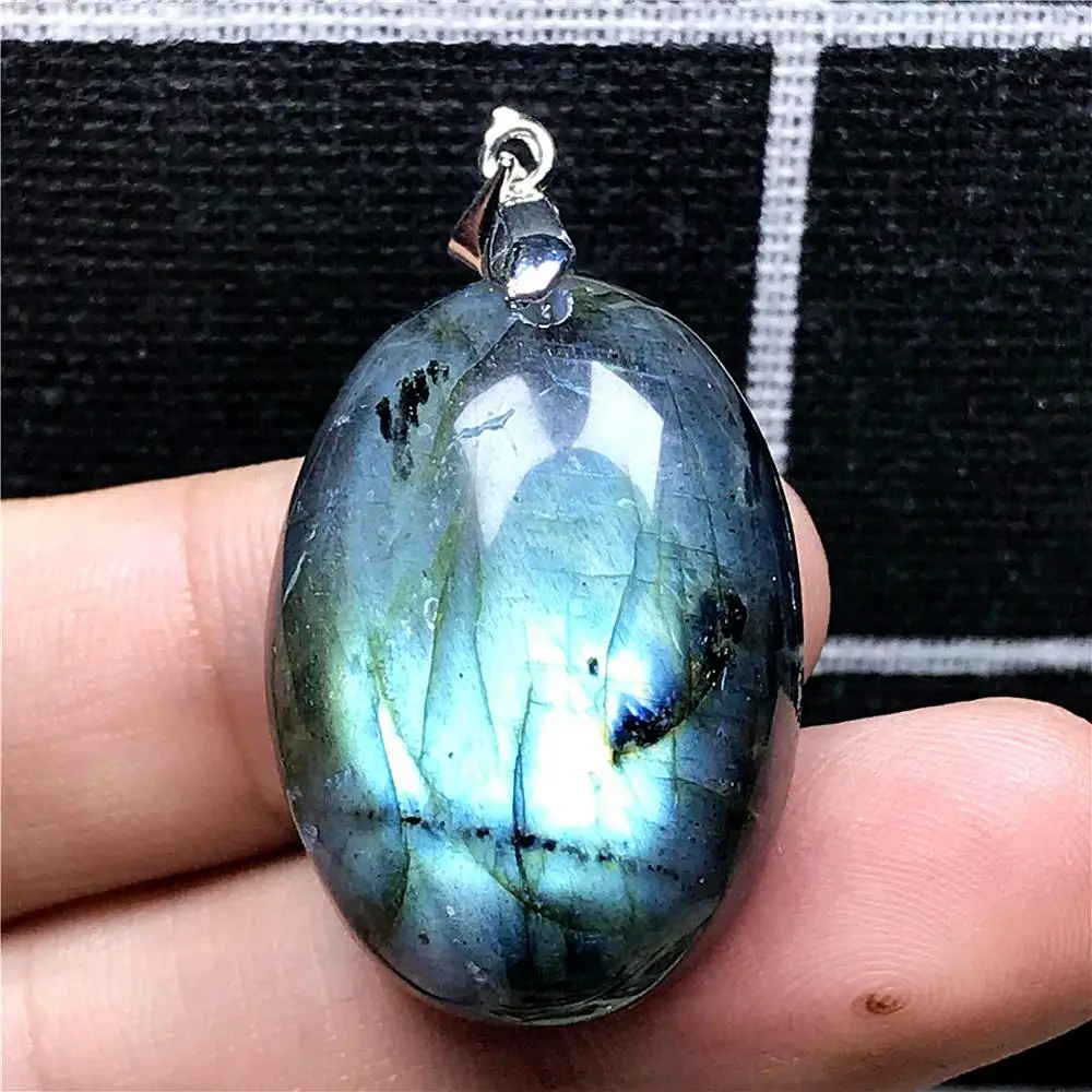 

Genuine Natural Blue Labradorite Pendant Jewelry For Woman Lady Man Crystal Silver 30x21x11mm Oval Beads Moonstone Stone AAAAA