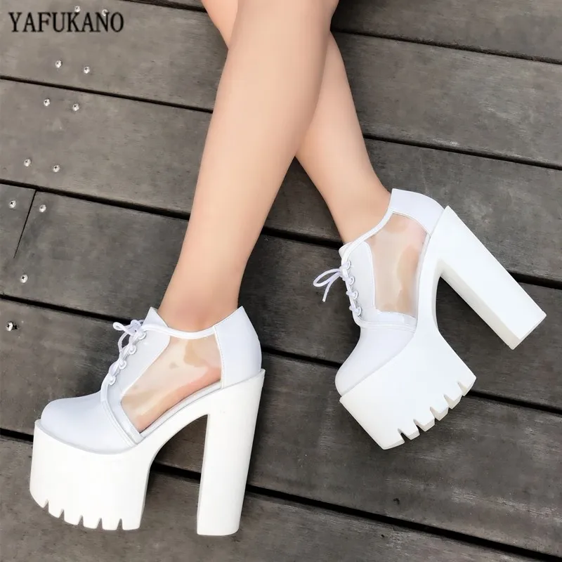 Пикантные прозрачные женские туфли лодочки на высоком квадратном каблуке 14 см