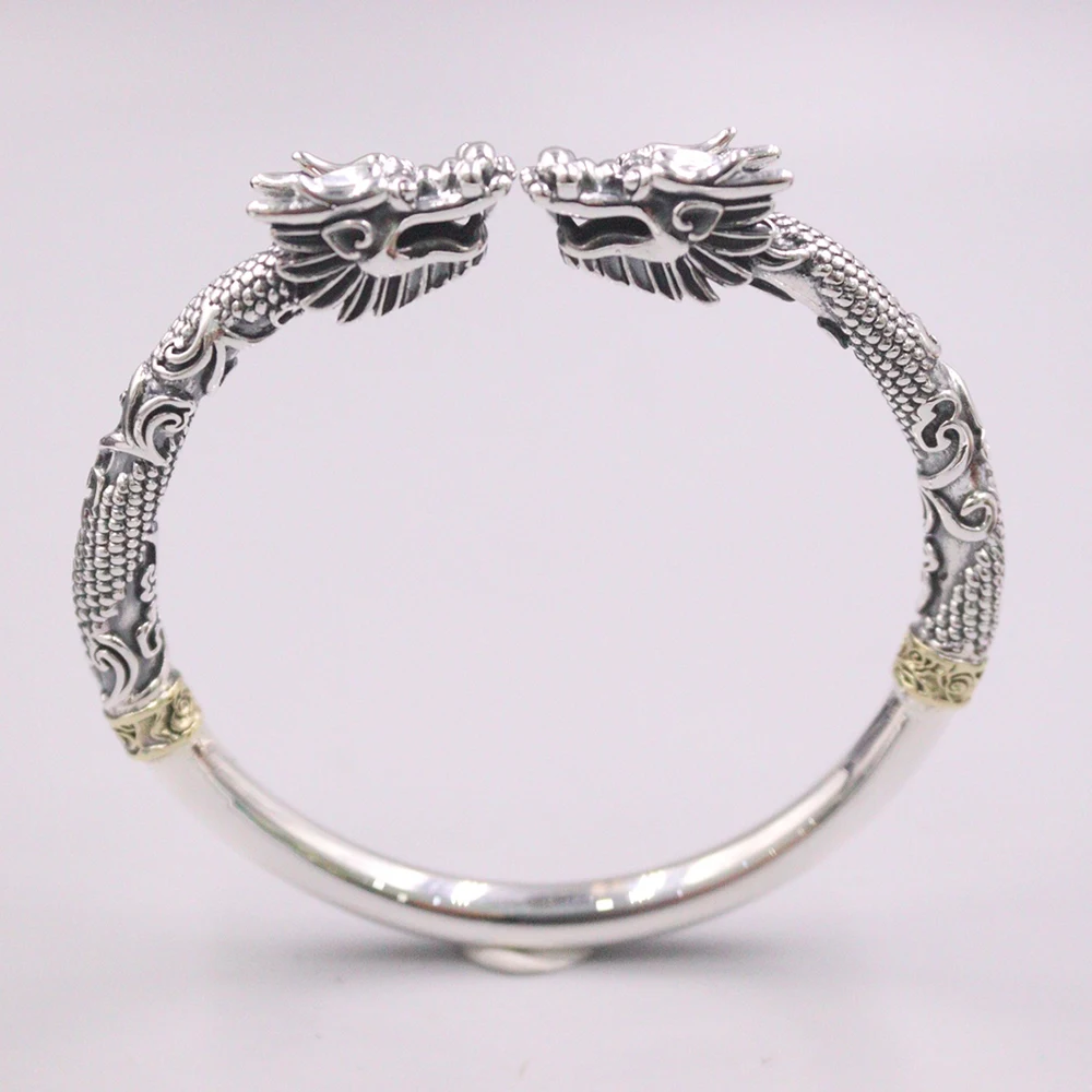 

Free Shipping S999 Fine Silver Bangle Women Luck Double Dragon Open Size Bangle 58-64mm 10mmW 50-51g