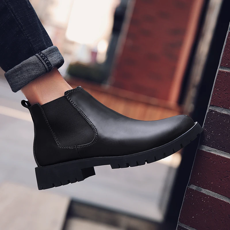 2019 ботинки Челси Мужская зимняя обувь повседневные кожаные мужская теплые
