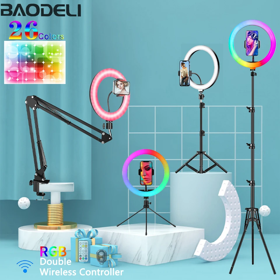 

10in RGB Selfie Ring Light Tripod Phone Stand Holder Photography RingLight Circle Fill Light Led Color Lamp Trepied Makeup