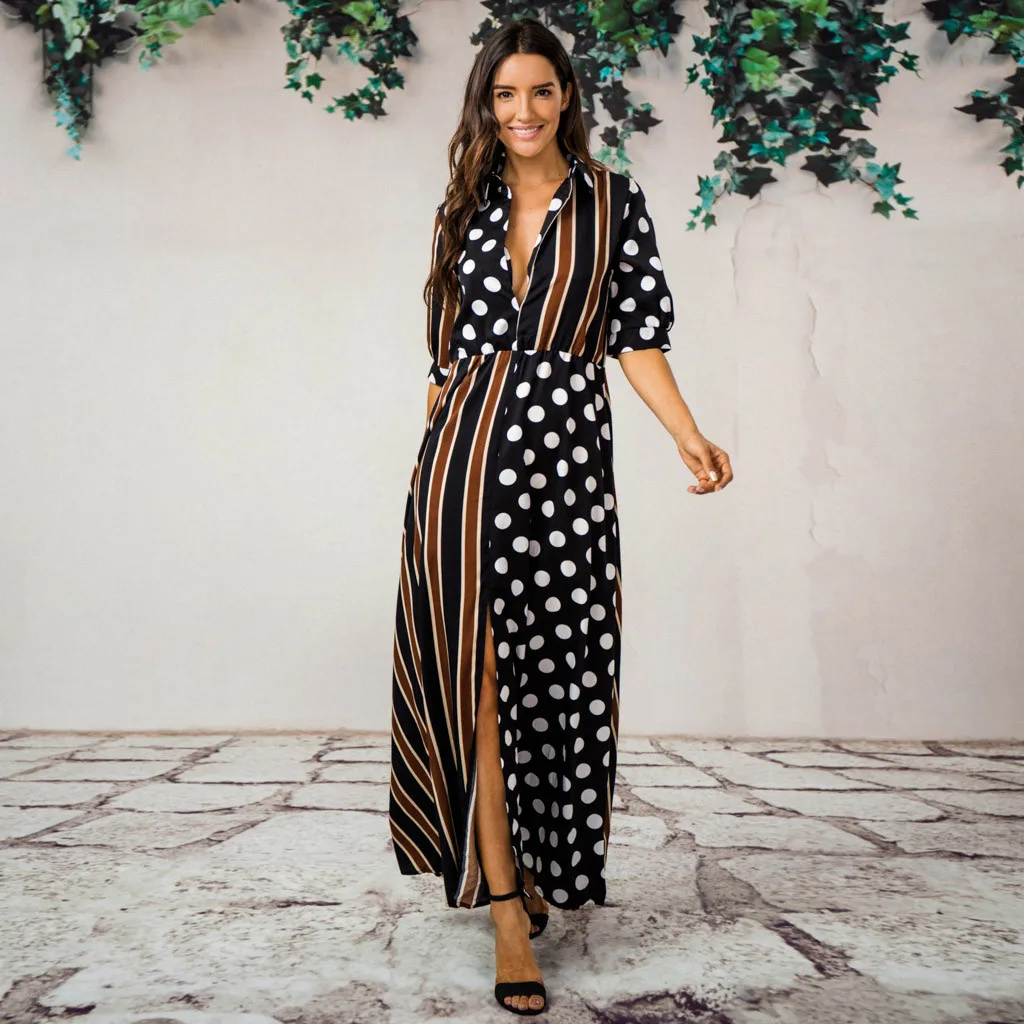 Женское длинное платье в горошек CHAMSGEND повседневное шифоновое Бохо с коротким