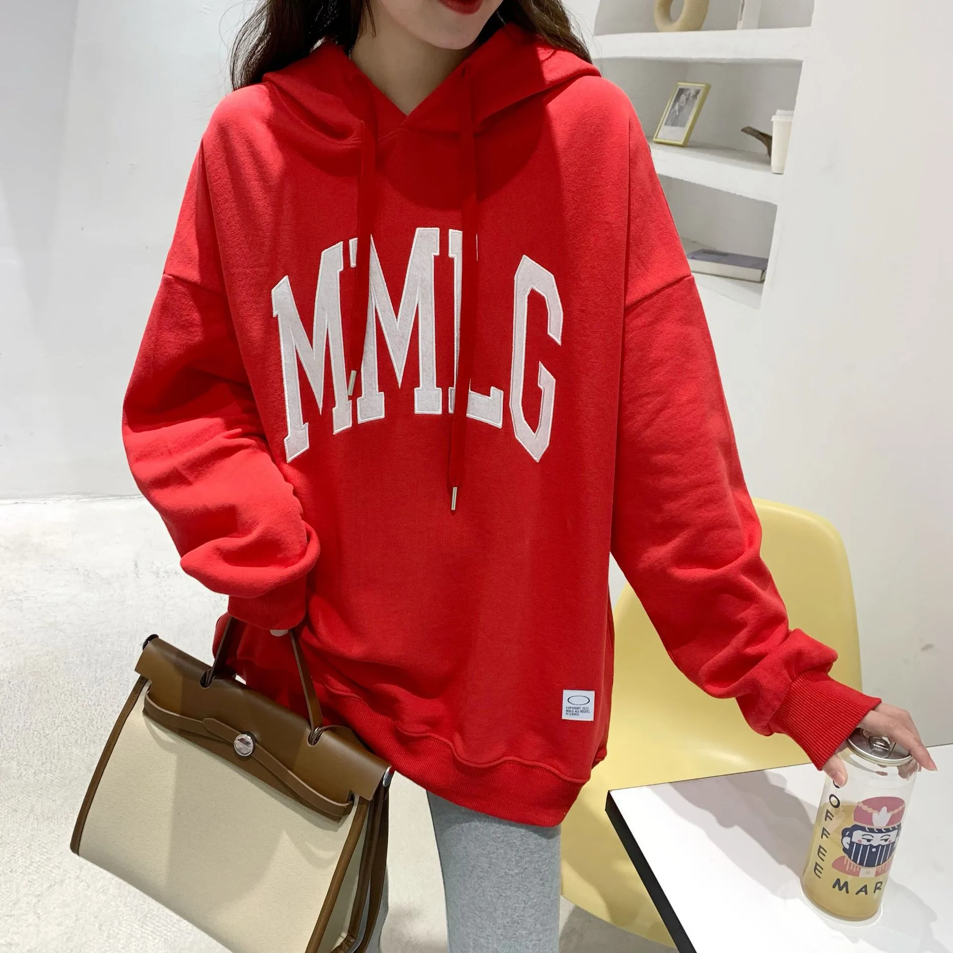 

Vintage Female Oversized Athletic Hoodies Pullovers Plus Size Cotton Terry Character Graphic Basic Hooded Sweatshirt Red