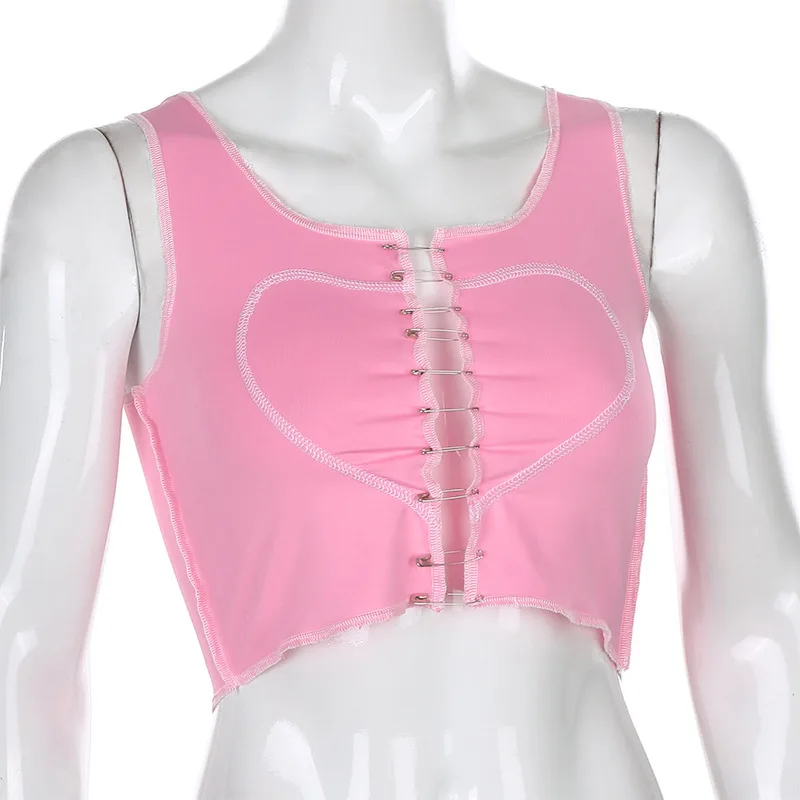 

Aesthetics Pink Stitch Heart Sleeveless Tank Tops E-girl Summer O-neck Hollow Out Clips Crop Top Streetwear Punk Top