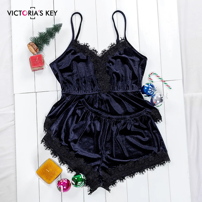 VICTORIA'S KEY женские привлекательные пижамные комплекты коричневые бархатные топики кружевные топы и шорты 2 шт. Женская одежда для сна Ночная Пижама