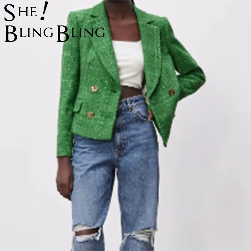 SheBlingBling 2021 Za женский простой зеленый твидовый приталенный комплект из 2 предметов