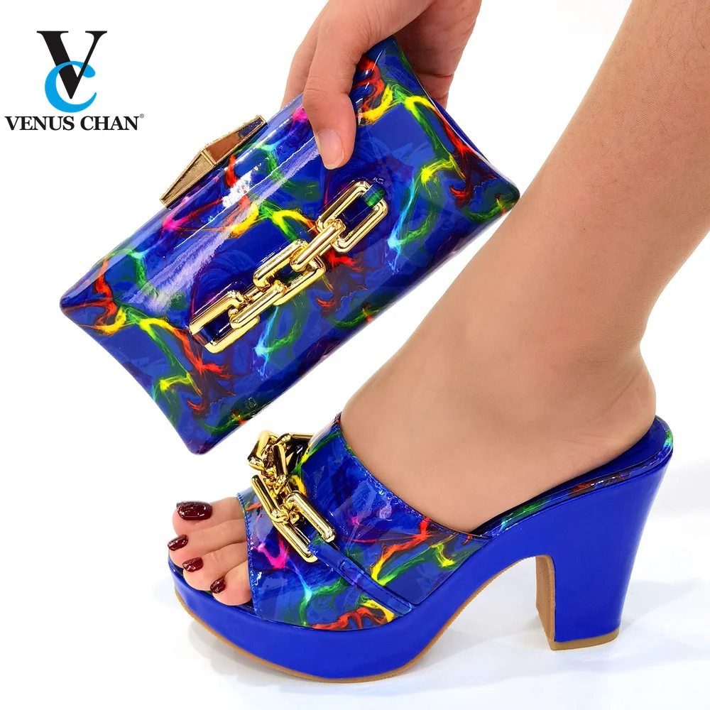 

Тапочки осенние рождественские ограничения искусственная кожа Милая женская обувь и сумка в Королевском синем цвете для вечерние