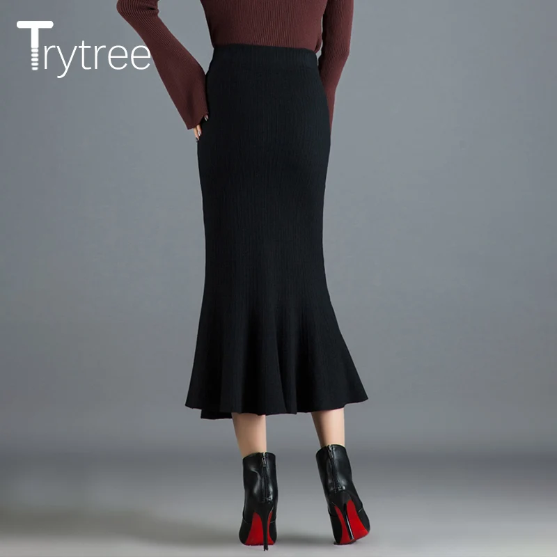 Trytree 2019 осень зима женская повседневная юбка эластичная талия трикотажная