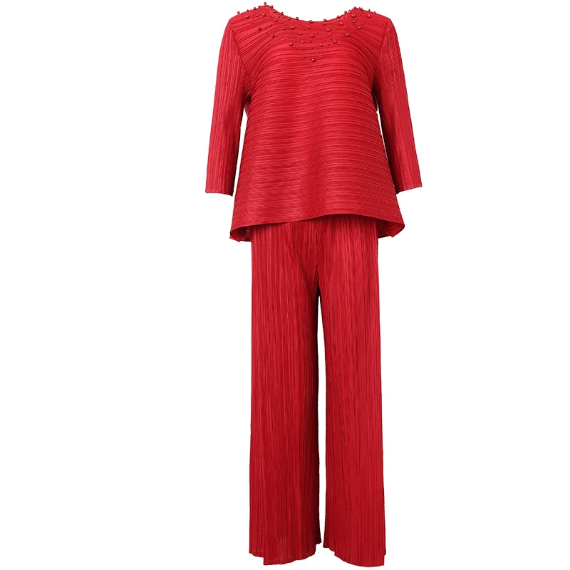 Pant Suits Plus Size Women Spring Summer Fashion Round Neck 3/4 Sleeve Beading Top + Elastic Waist Miyake Pleated Pants Set