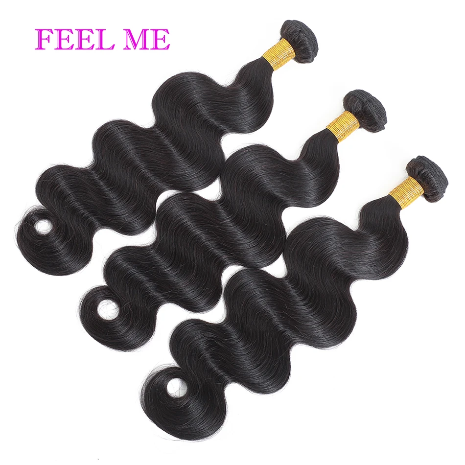 FEELME Body Wave Indian Hair Weave Bundles 100% Human 3/4pcs Extensions Color #1 Dark Black | Шиньоны и парики
