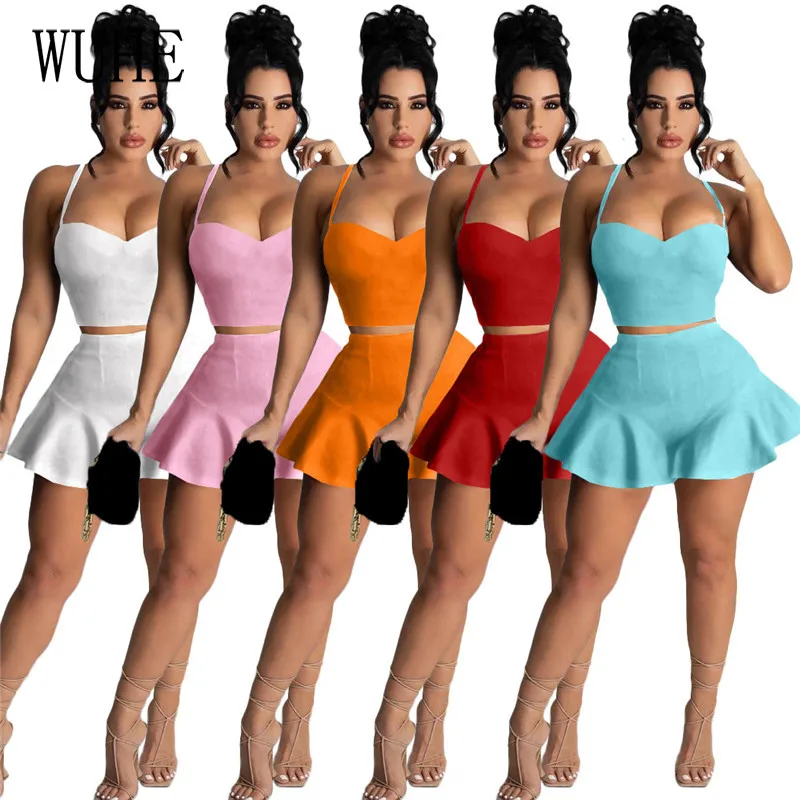 

Летний спортивный комплект WUHE из 2 предметов, Топ без бретелек на тонких бретельках, без рукавов и мини-юбка с оборками, повседневный наряд д...