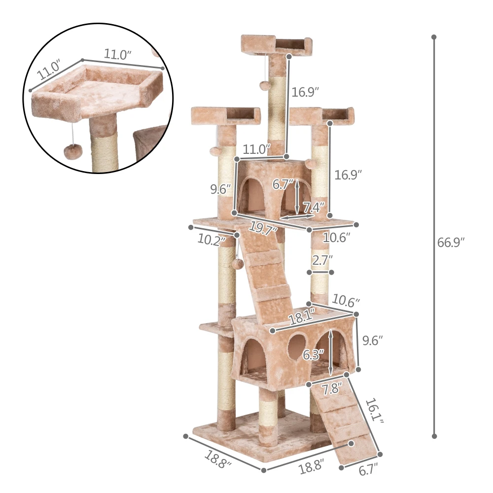 

(US)66" Sisal Hemp Cat Tree Tower Condo Furniture Scratch Post Pet House Play Kitten with Cozy Perches Cats Toys Pets Toys